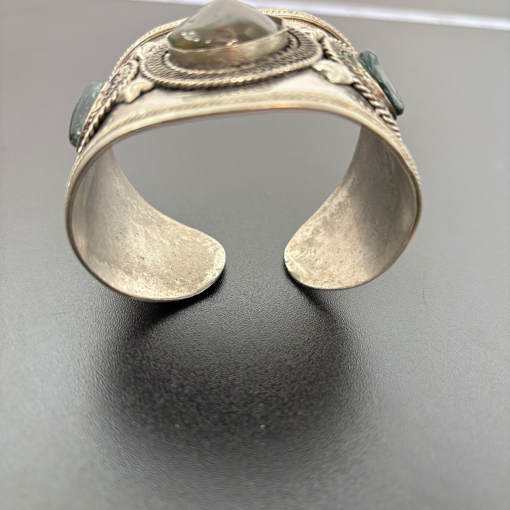 Unbranded Women Cuff Bracelet OS Silver Green‎ Moss Agate Filigree Vintage Style - Picture 2 of 13
